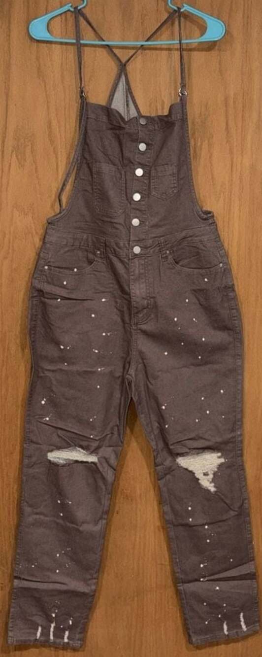Easel Los Angeles Button-Front Distressed Overalls in Coffee Brown